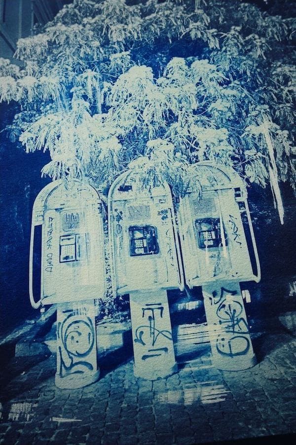 Three cardphones cyanotype